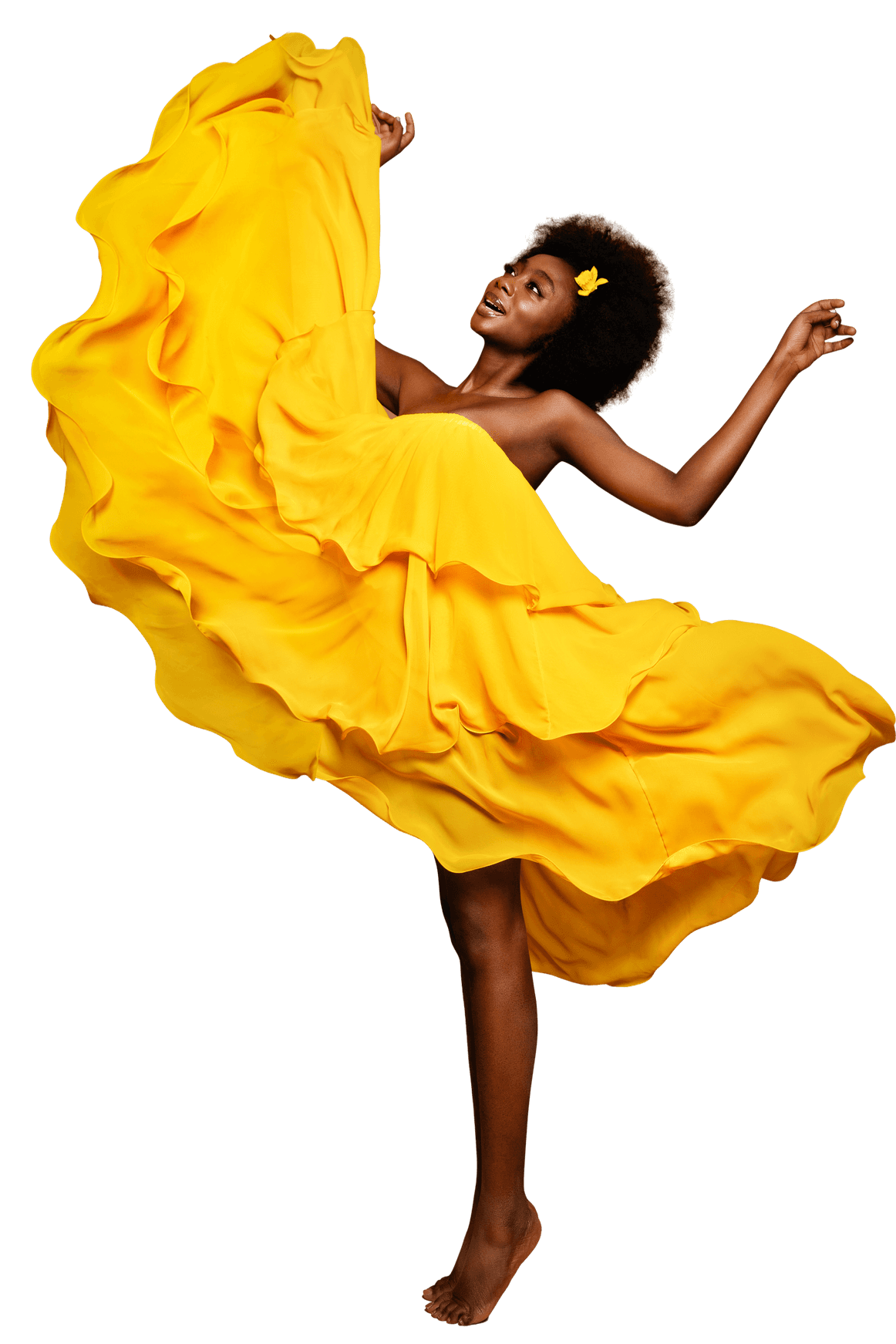 Woman in a flowing yellow dress